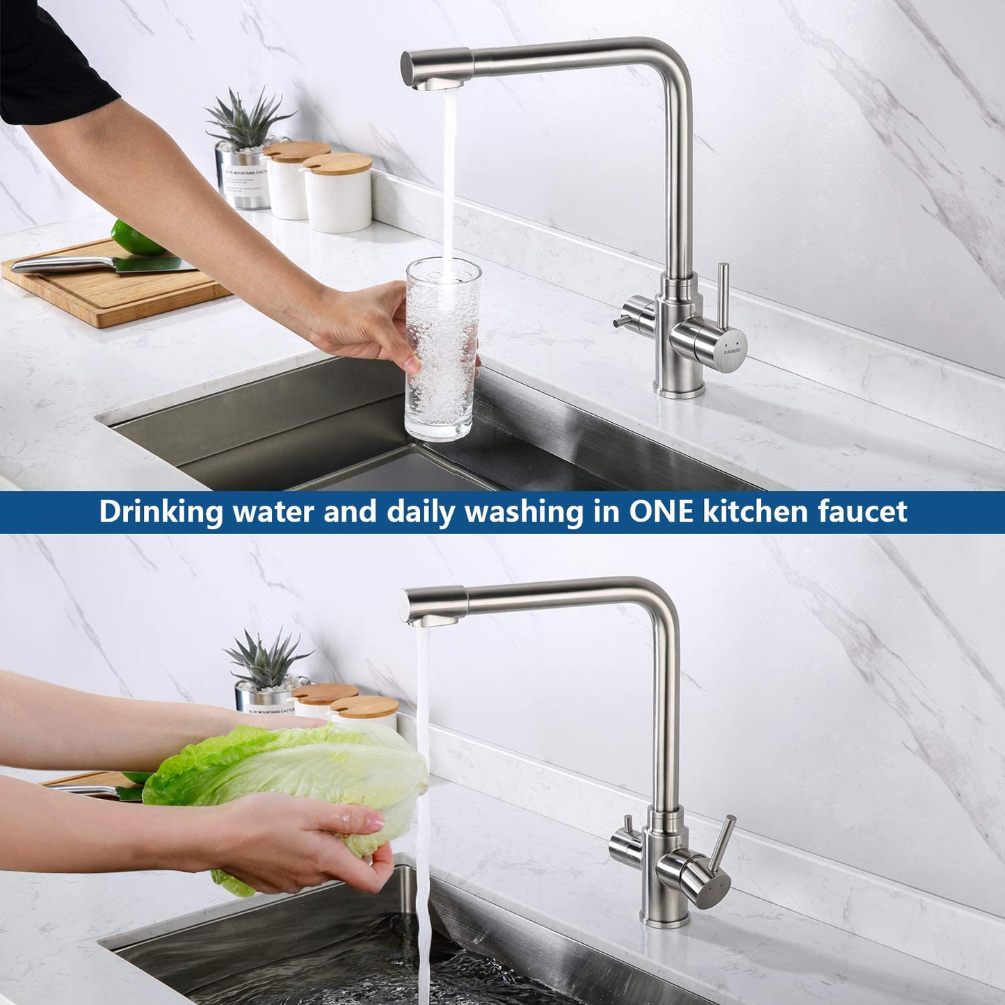 KAIBOR 3 Way Kitchen Tap Stainless Steel with Water Filter Way Drinking Water Kitchen Sink Tap 360ยฐSwivel Spout 2 Lever Kitchen Mixer Stainless Steel