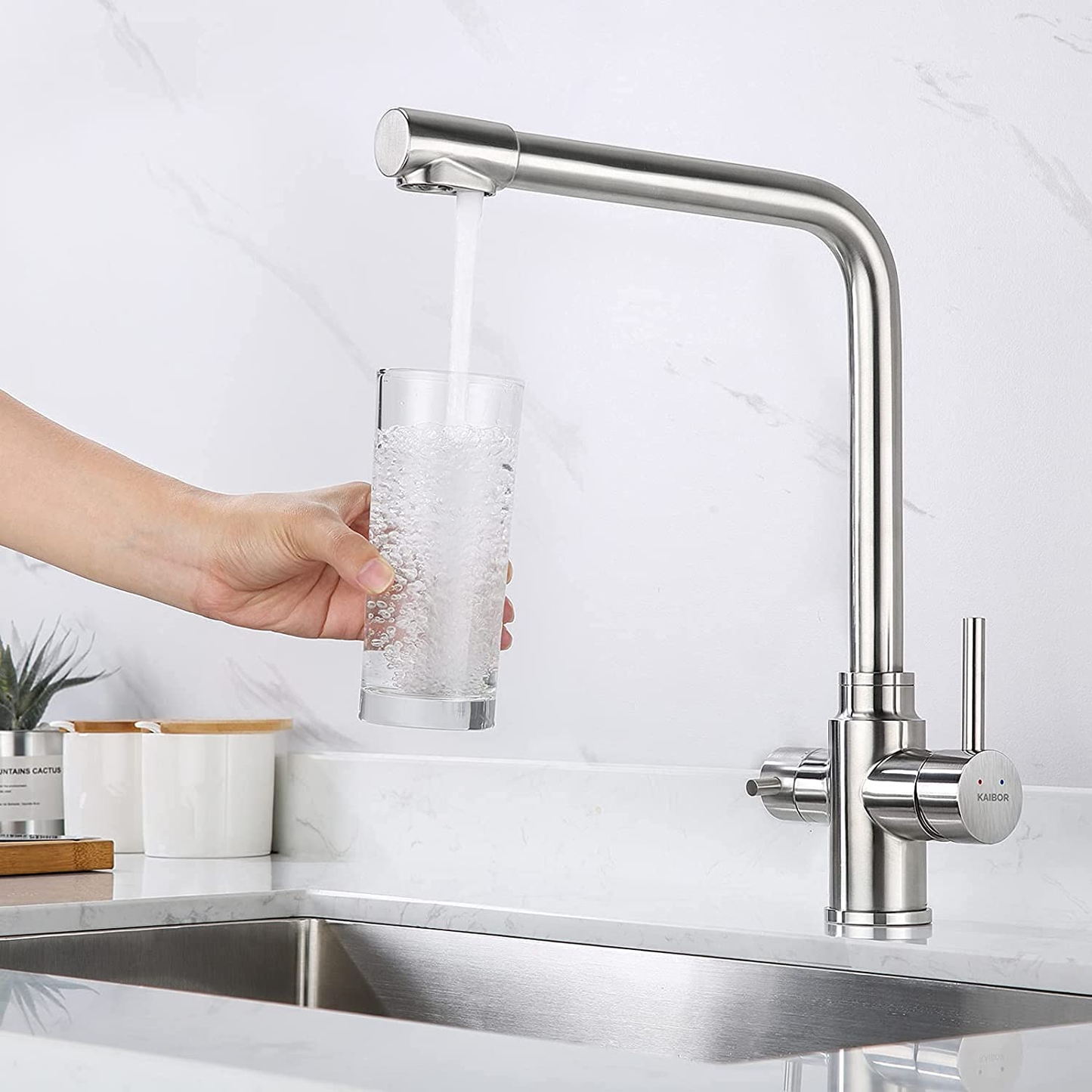KAIBOR 3 Way Kitchen Tap Stainless Steel with Water Filter Way Drinking Water Kitchen Sink Tap 360ยฐSwivel Spout 2 Lever Kitchen Mixer Stainless Steel