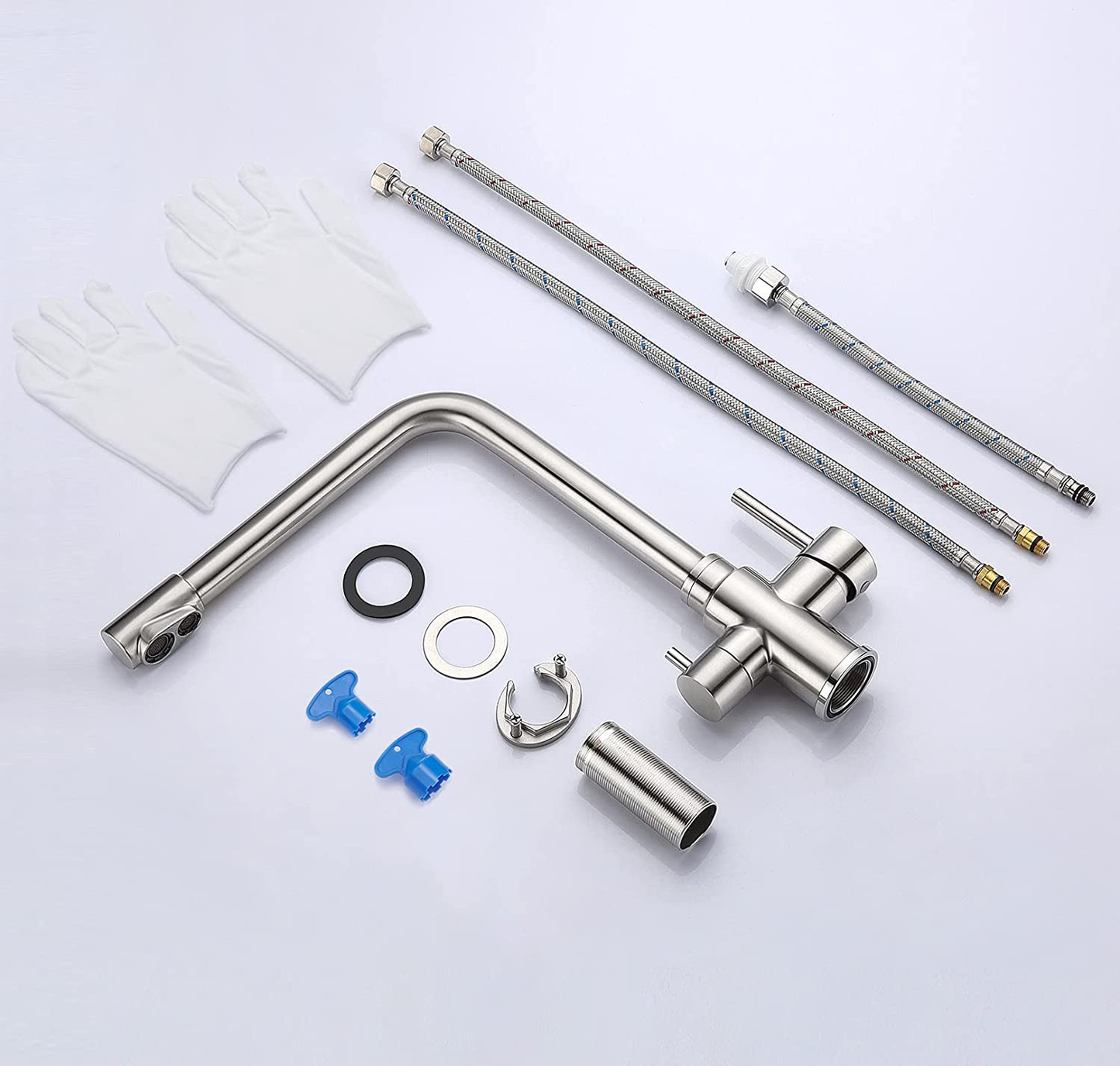 KAIBOR 3 Way Kitchen Tap Stainless Steel with Water Filter Way Drinking Water Kitchen Sink Tap 360ยฐSwivel Spout 2 Lever Kitchen Mixer Stainless Steel