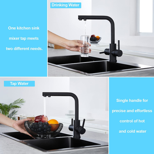 CREA 3 Way Kitchen Taps, 3 Way Kitchen Tap with Water Filter Way, 360° Swivel Triflow Kitchen Tap, 3 Way Tap with 2 Lever, Kitchen Sink Mixer Tap, Matte Black