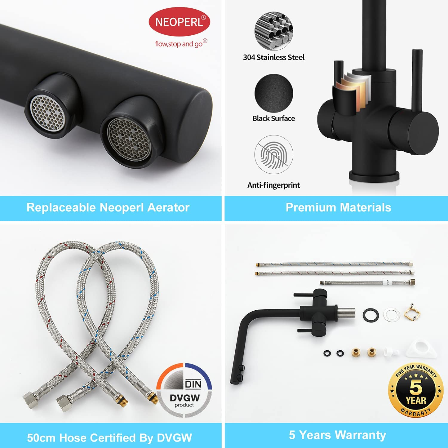 CREA 3 Way Kitchen Taps, 3 Way Kitchen Tap with Water Filter Way, 360° Swivel Triflow Kitchen Tap, 3 Way Tap with 2 Lever, Kitchen Sink Mixer Tap, Matte Black