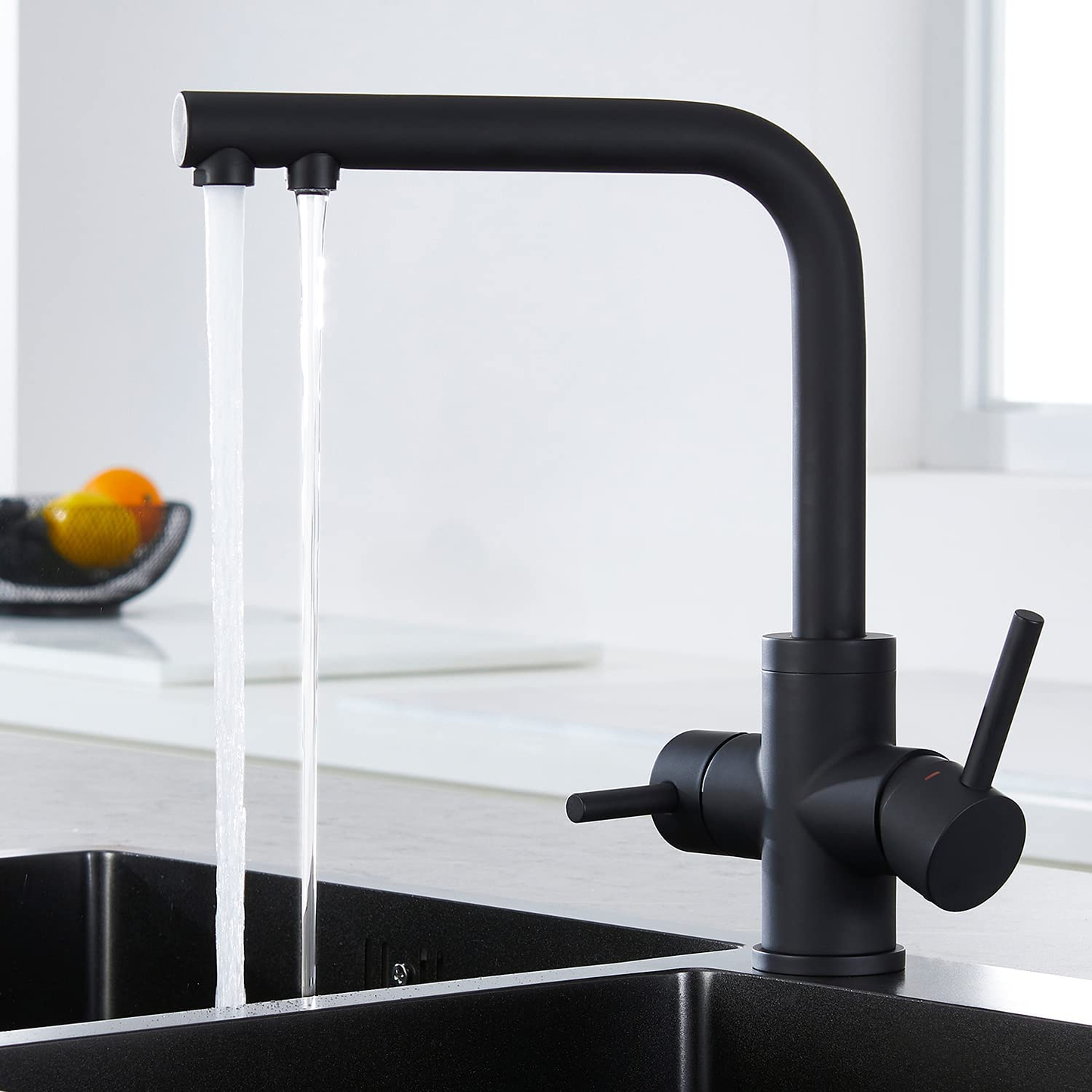 CREA 3 Way Kitchen Taps, 3 Way Kitchen Tap with Water Filter Way, 360° Swivel Triflow Kitchen Tap, 3 Way Tap with 2 Lever, Kitchen Sink Mixer Tap, Matte Black