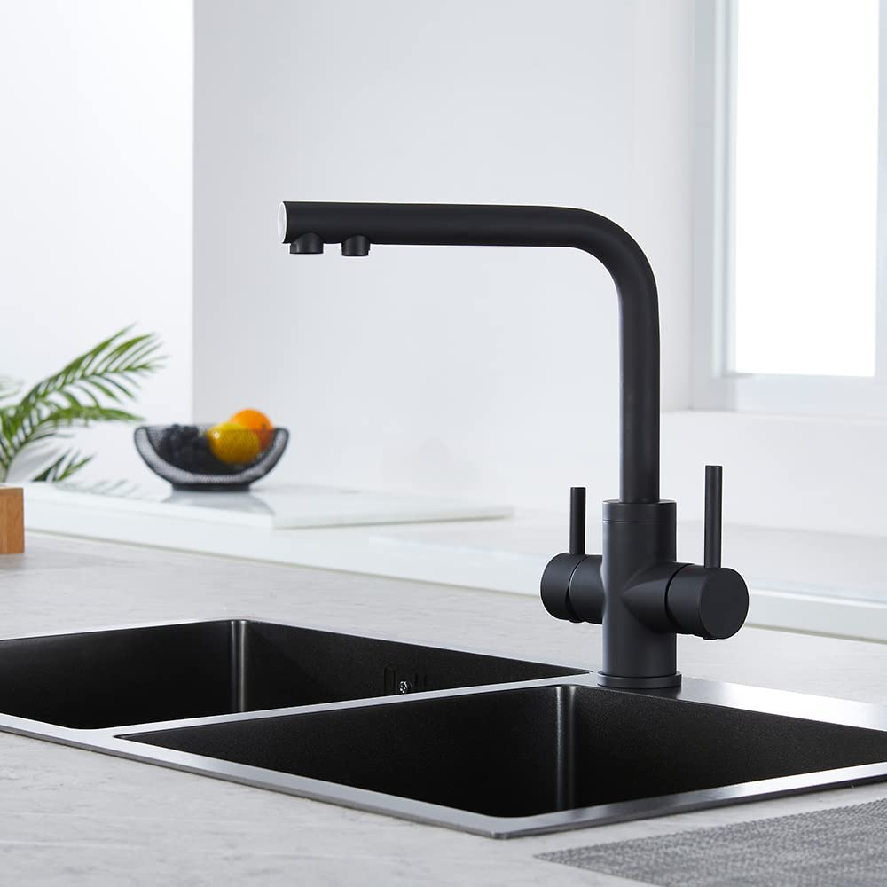 CREA 3 Way Kitchen Taps, 3 Way Kitchen Tap with Water Filter Way, 360° Swivel Triflow Kitchen Tap, 3 Way Tap with 2 Lever, Kitchen Sink Mixer Tap, Matte Black